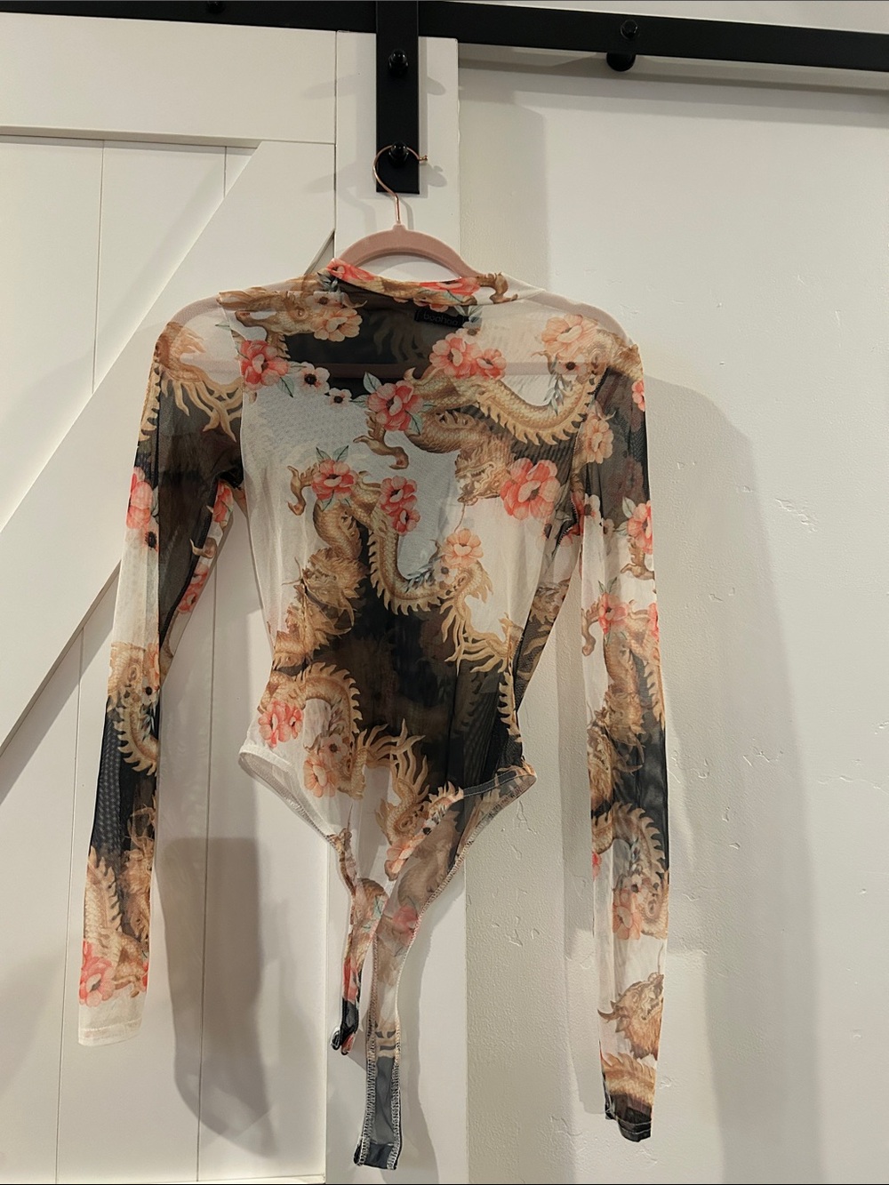 Boohoo Sheer Mesh Dragon & Floral Long-Sleeve Bodysuit - Nude/Black